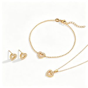 Stainless Steel Heart-Shaped Necklace and Bracelet Set with Micro-Set Diamonds – Exclusively for the European and American Markets