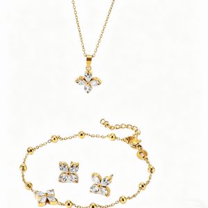 Luxurious Stainless Steel Four-Leaf Clover Necklace Set with Zirconia Stones – A Best-Seller in Europe and the U.S.
