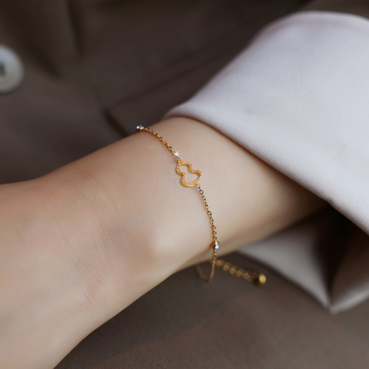 Stainless steel popular gourd pendant bracelet for women, versatile zirconia embedded necklace accessory set - 图片 4