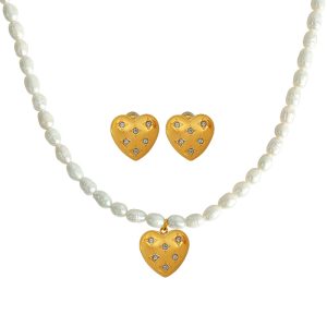 French light luxury freshwater pearl heart lockchain with diamond earrings set