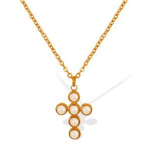 Cross pendant necklace with imitation pearls, featuring a unique and understated luxury design in the style of ins.