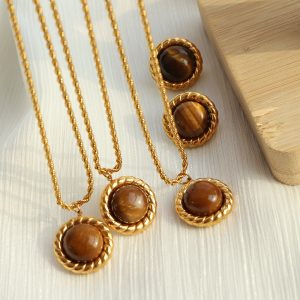 French high-end retro tiger's eye rope necklace earring set