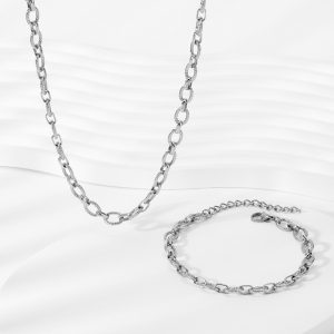Stainless steel hip-hop O-ring linked threaded chain necklace and bracelet set