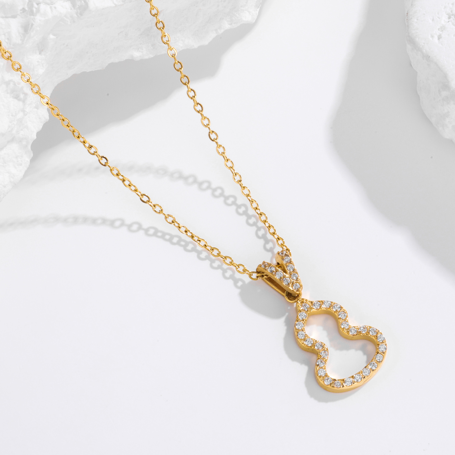 Stainless steel popular gourd pendant bracelet for women, versatile zirconia embedded necklace accessory set - 图片 3