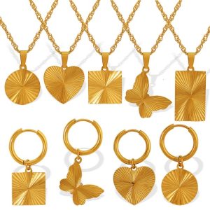 Trendy 316L 18K Gold-Plated Stainless Steel Round Heart-Shaped Butterfly Necklace and Earring Set-OJ08