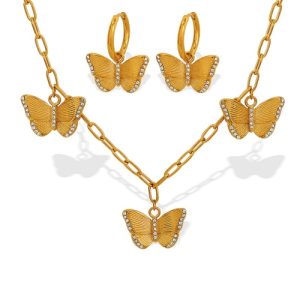 316L 18K Gold-Plated Stainless Steel Square Gemstone Pendant Earrings and Necklace Set-OJ11