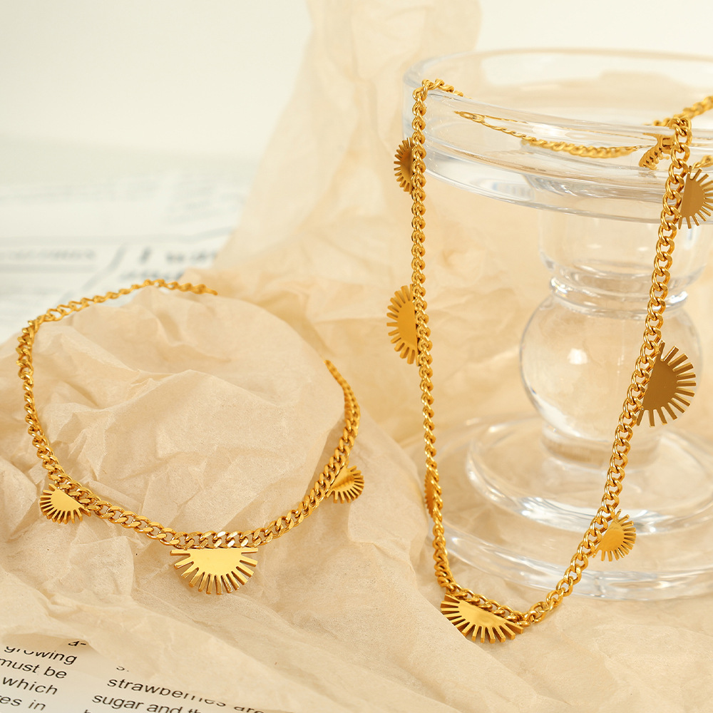 18K Gold-Plated 316L Stainless Steel Half-Circle Sun Pendant Necklace and Bracelet Set-OJ07 - Image 4