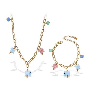 Trending 316L 18K Gold-Plated Stainless Steel Natural Stone Baby Elephant Necklace and Bracelet Set-OJ09