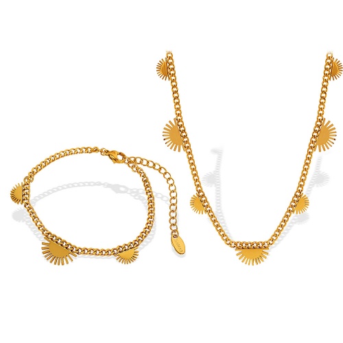 18K Gold-Plated 316L Stainless Steel Half-Circle Sun Pendant Necklace and Bracelet Set-OJ07