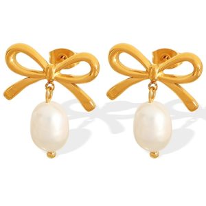 Instagram-Style Polished 18K Stainless Steel Bow Earrings (Wholesale)-OJ16