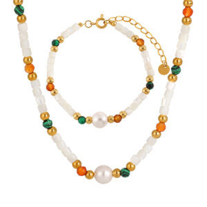 Stainless Steel Dopamine-Coloured Natural Stone Necklace and Bracelet-RH205