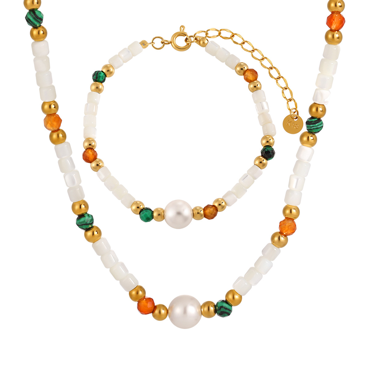 Stainless Steel Dopamine-Coloured Natural Stone Necklace and Bracelet-RH205