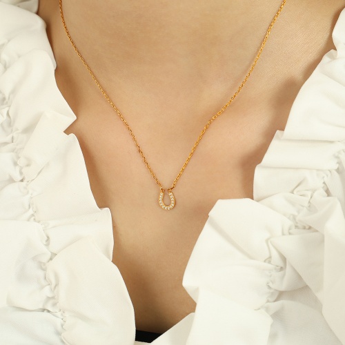 18K Gold and Stainless Steel Horseshoe-Shaped U-Pendants with Full Diamond Setting on a Bone Chain Necklace-oj04 - Image 4