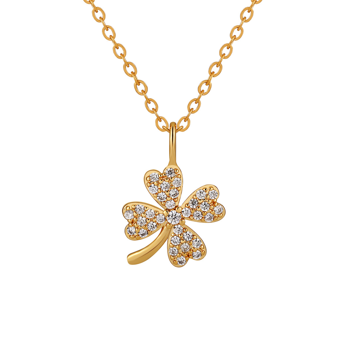 Stainless Steel Micro-Set Full-Diamond Four-Leaf Clover Necklace-RH05