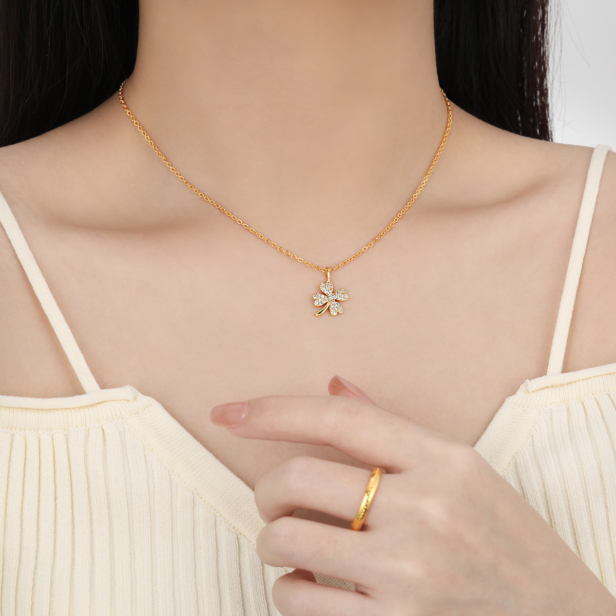 Stainless Steel Micro-Set Full-Diamond Four-Leaf Clover Necklace-RH05 - Image 3