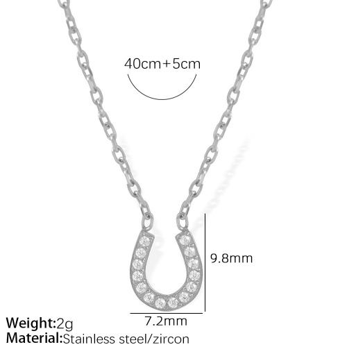 18K Gold and Stainless Steel Horseshoe-Shaped U-Pendants with Full Diamond Setting on a Bone Chain Necklace-oj04 - Image 2