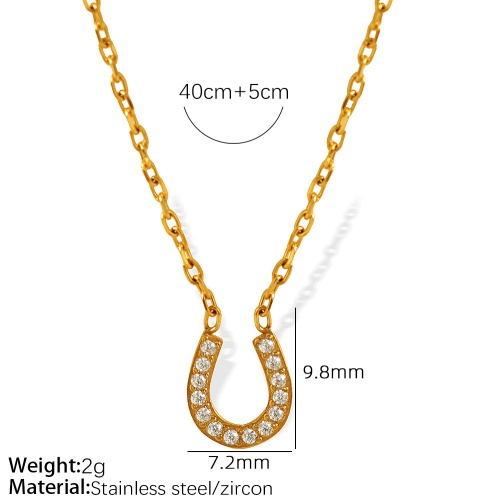 18K Gold and Stainless Steel Horseshoe-Shaped U-Pendants with Full Diamond Setting on a Bone Chain Necklace-oj04 - Image 3