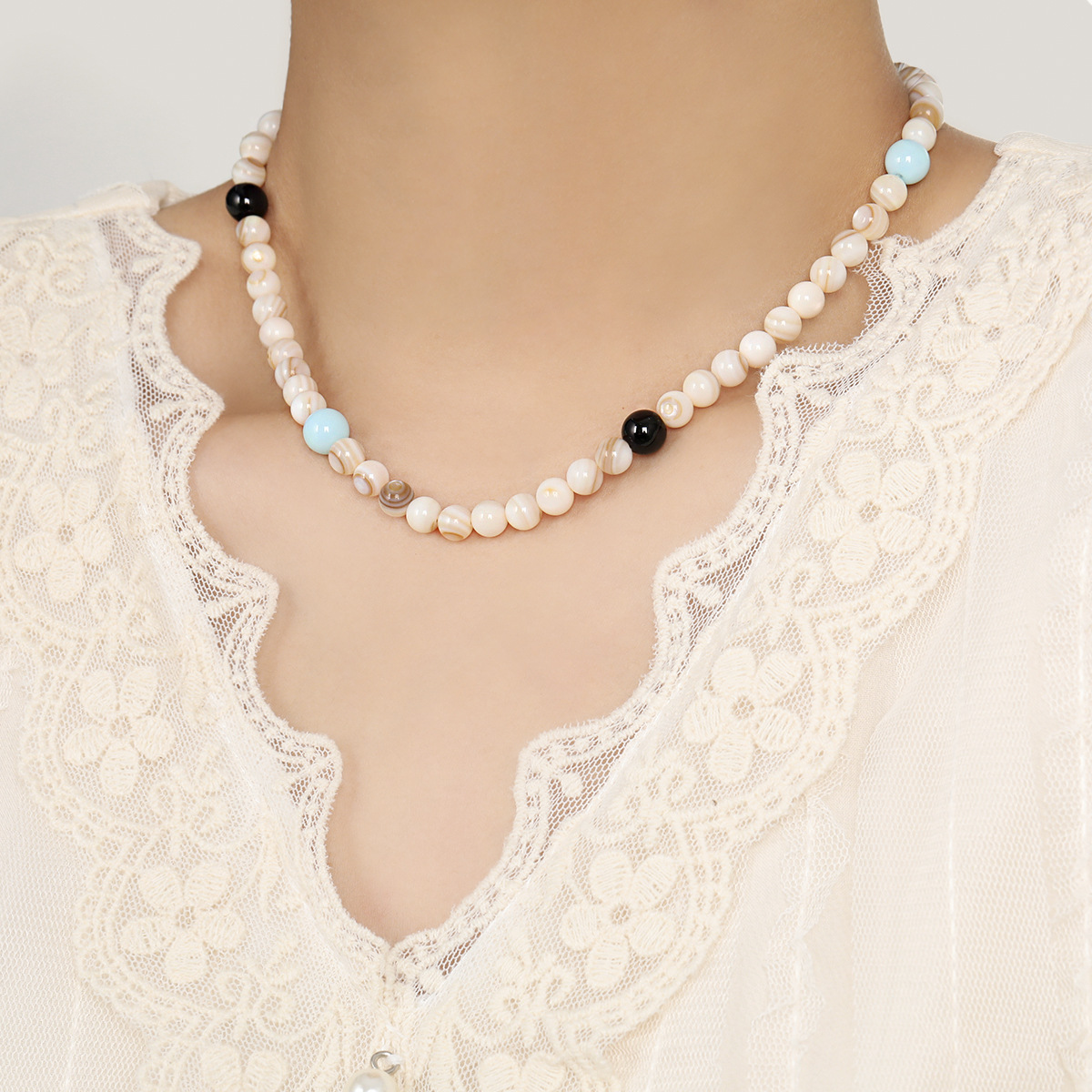 Stainless Steel Agate and Horse-Eye Shell Bead Necklace-RH28 - Image 3