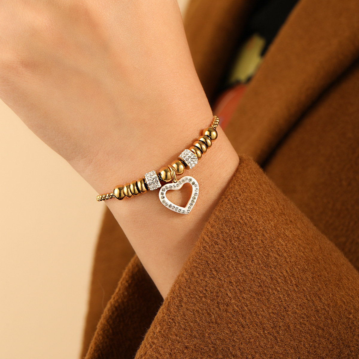 Stainless Steel Heart-Shaped Diamond-Set Bracelet-RH211 - Image 4