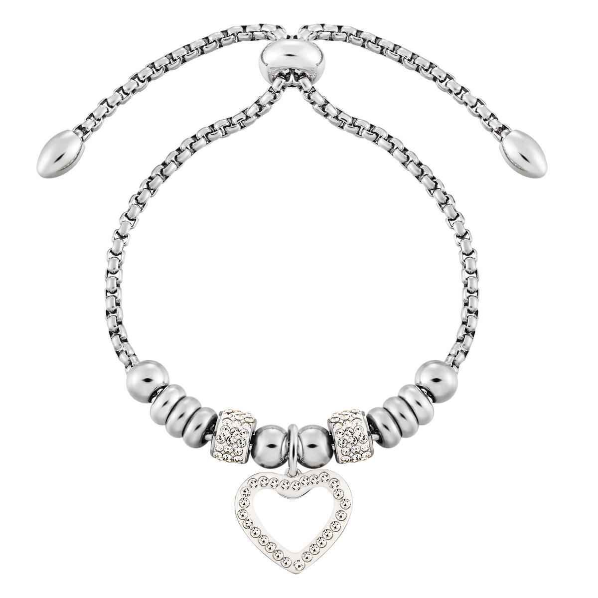 Stainless Steel Heart-Shaped Diamond-Set Bracelet-RH211 - Image 3