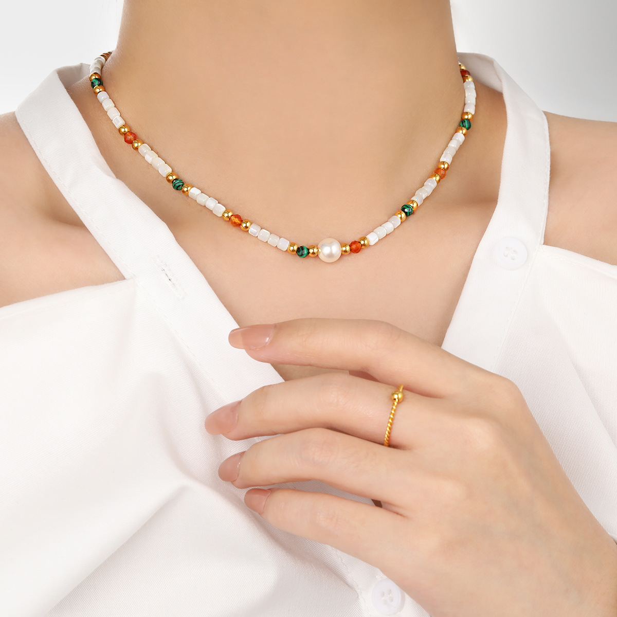 Stainless Steel Dopamine-Coloured Natural Stone Necklace and Bracelet-RH205 - Image 4