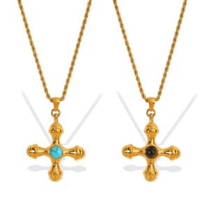 Wholesale: Fade-Resistant 18K Gold-Plated Stainless Steel Cross Necklace with Tiger's Eye Stone-OJ01