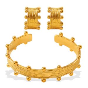 Wholesale Women's 18K Stainless Steel Round Gold Bead Bracelet and Earring Set, Vintage Style-OJ27