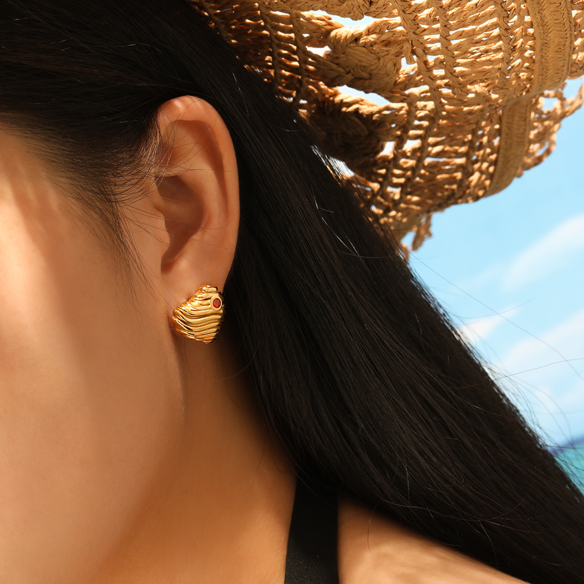 Stainless Steel Striped Irregular Zircon Earrings-RH47 - Image 4