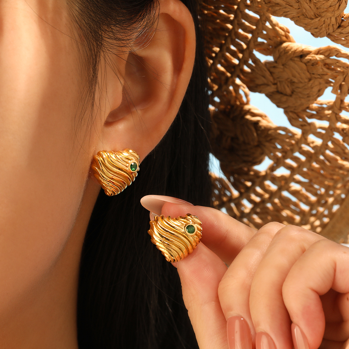 Stainless Steel Striped Irregular Zircon Earrings-RH47 - Image 3