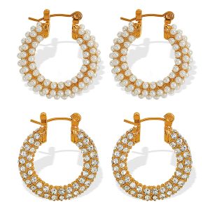 Wholesale: Elegant and Versatile 18K Stainless Steel Pearl and Rhinestone Earrings-OJ17