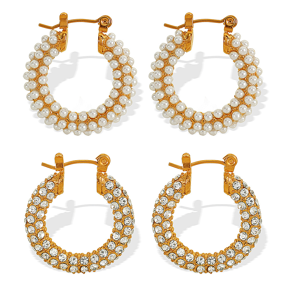 Wholesale: Elegant and Versatile 18K Stainless Steel Pearl and Rhinestone Earrings-OJ17