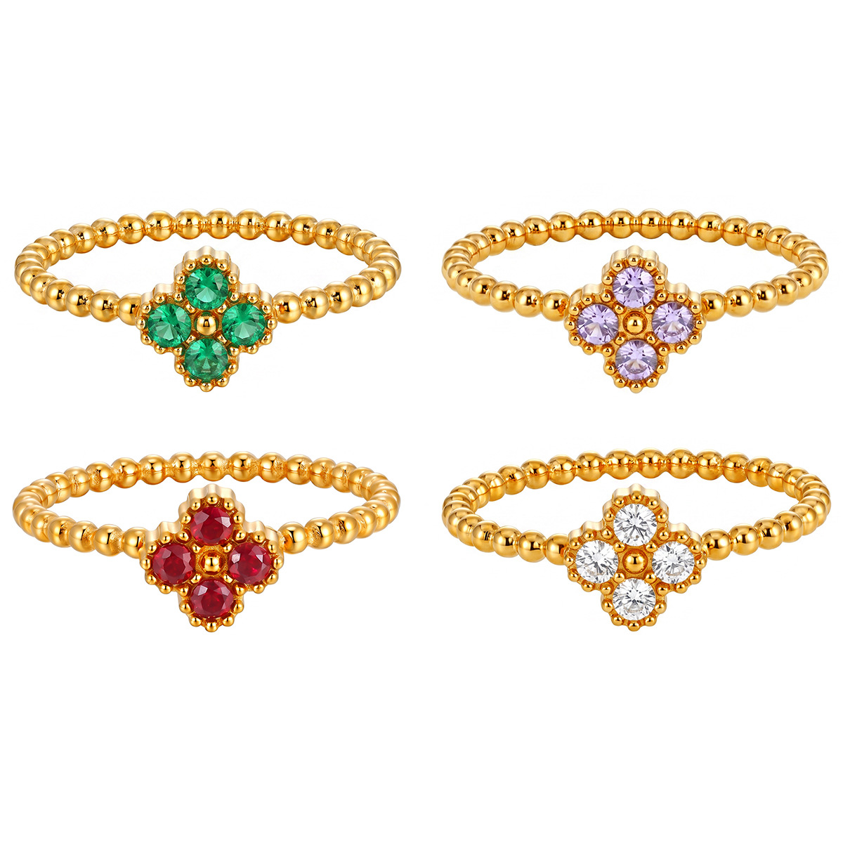 Stainless Steel Four-Leaf Clover Diamond Ring-RH26
