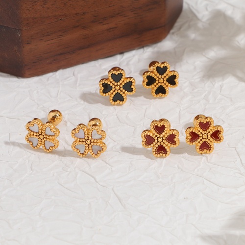 304 Stainless Steel Four-Leaf Clover Pearl Earrings-HS44 - Image 2