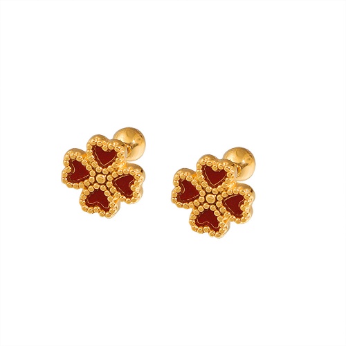 304 Stainless Steel Four-Leaf Clover Pearl Earrings-HS44