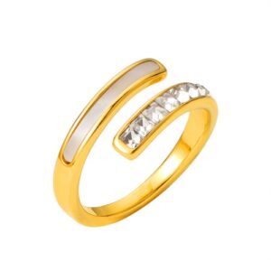 304 Stainless Steel Open-Style Pearl White Diamond Ring-HS48