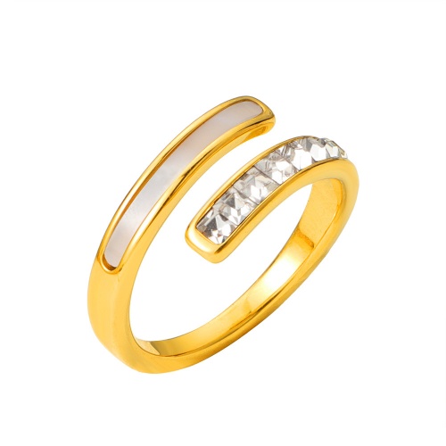 304 Stainless Steel Open-Style Pearl White Diamond Ring-HS48