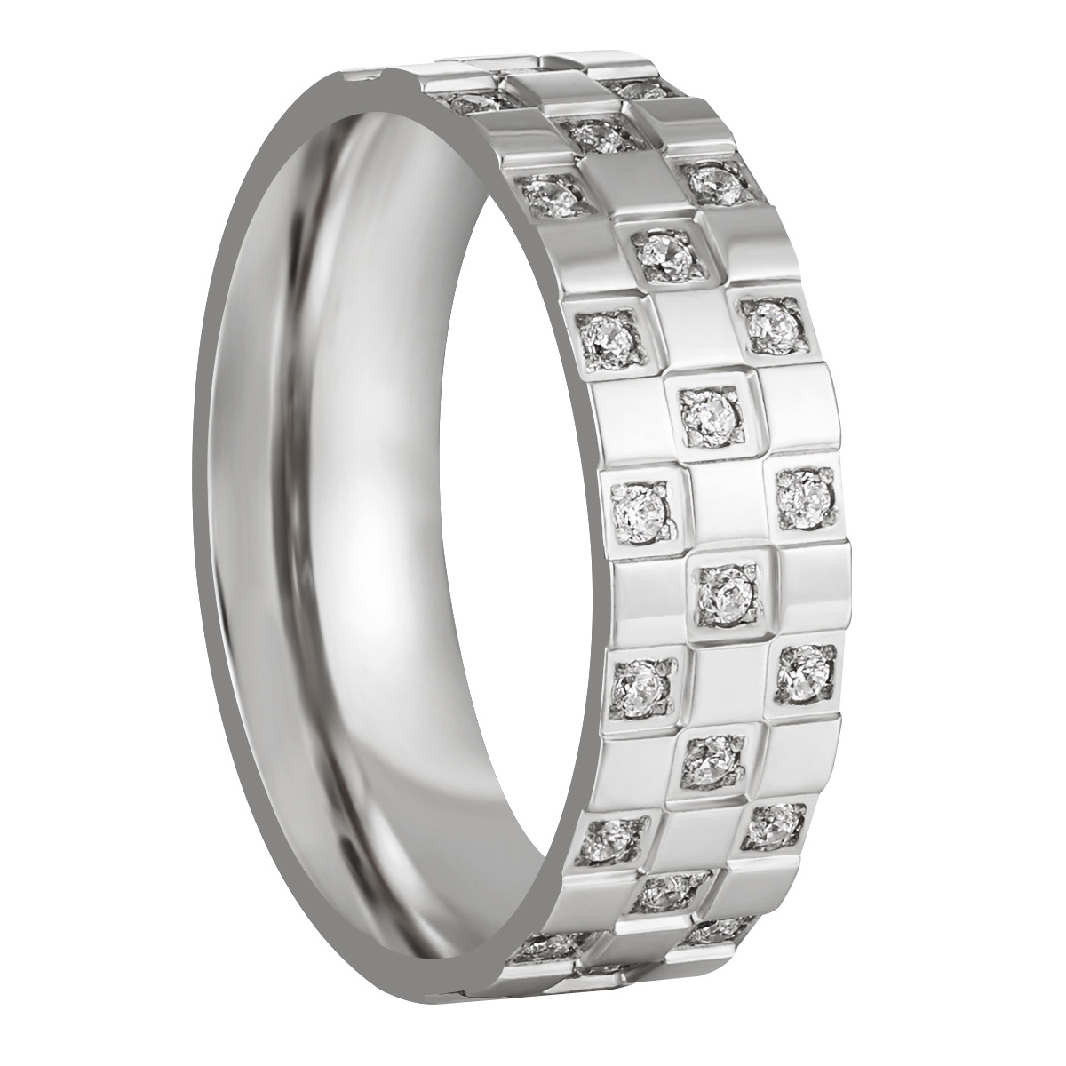 Stainless Steel Wide-Band Precision-Set Diamond Ring-RH88 - Image 3