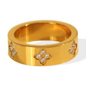 Wholesale 18K Gold-Plated Stainless Steel Four-Leaf Clover Ring with Zirconia Stones (Fade-Resistant)-OJ41