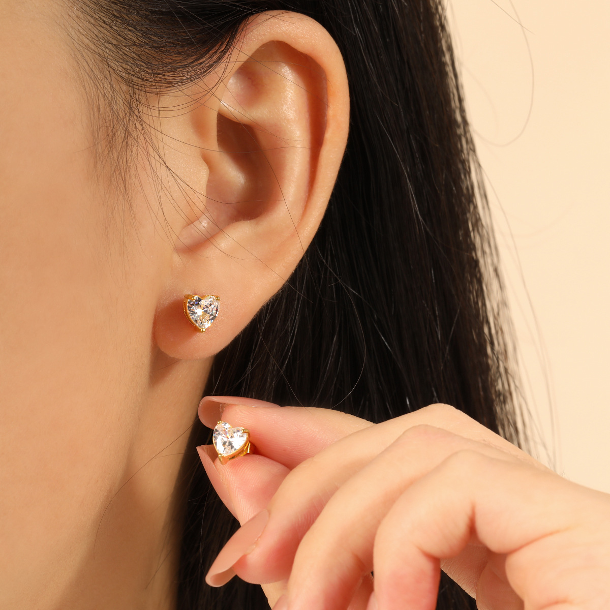 Stainless Steel Heart-Shaped Diamond-Studded Earrings-RH21 - Image 3