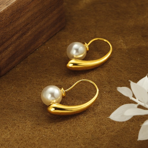 Wholesale 18K Gold-Plated Stainless Steel Pearl Teardrop Earrings-HS21 - 图片 3