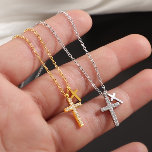 Wholesale 316L Stainless Steel Cross Necklace with Diamond Accents-HS28 - Image 3
