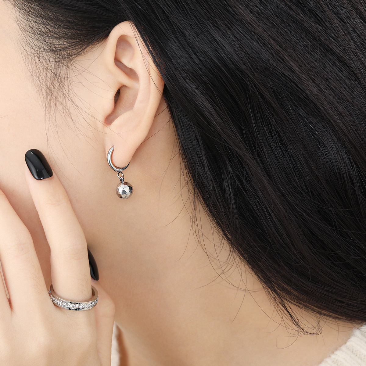 Stainless Steel Diamond-Shaped Ball Earrings -RH17 - Image 3