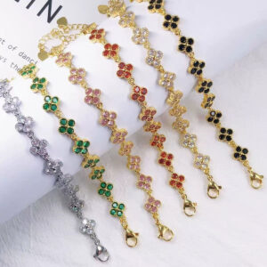 Stainless Steel Diamond-Set Four-Leaf Clover Bracelet-JY144