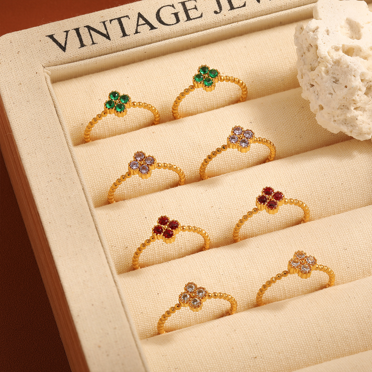 Stainless Steel Four-Leaf Clover Diamond Ring-RH26 - Image 4