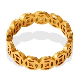Wholesale 18K Gold-Plated Stainless Steel Openwork Copper Coin Ring for Prosperity-OJ043
