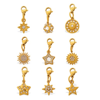 316L 18K Gold-Plated Stainless Steel Diamond-Set Star and Moon Pendants (Set of 15)-OJ65