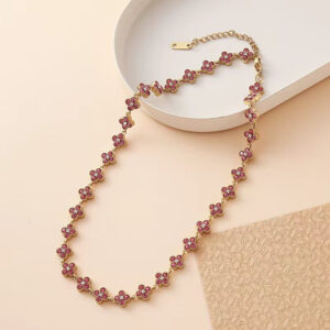 Light pink stainless steel four-leaf clover zirconia necklace-JY23