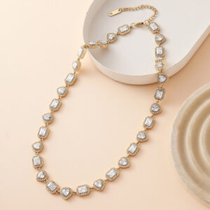 Square and Heart-Shaped Stainless Steel Four-Leaf Clover Zircon Necklace-JY33