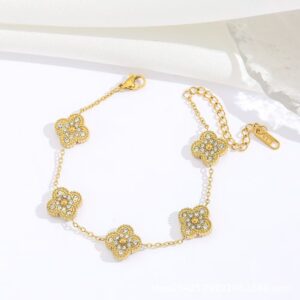 18K Gold-Plated Stainless Steel Four-Leaf Clover Bracelet Set with Zirconia Stones