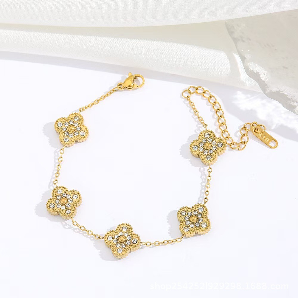 18K Gold-Plated Stainless Steel Four-Leaf Clover Bracelet Set with Zirconia Stones